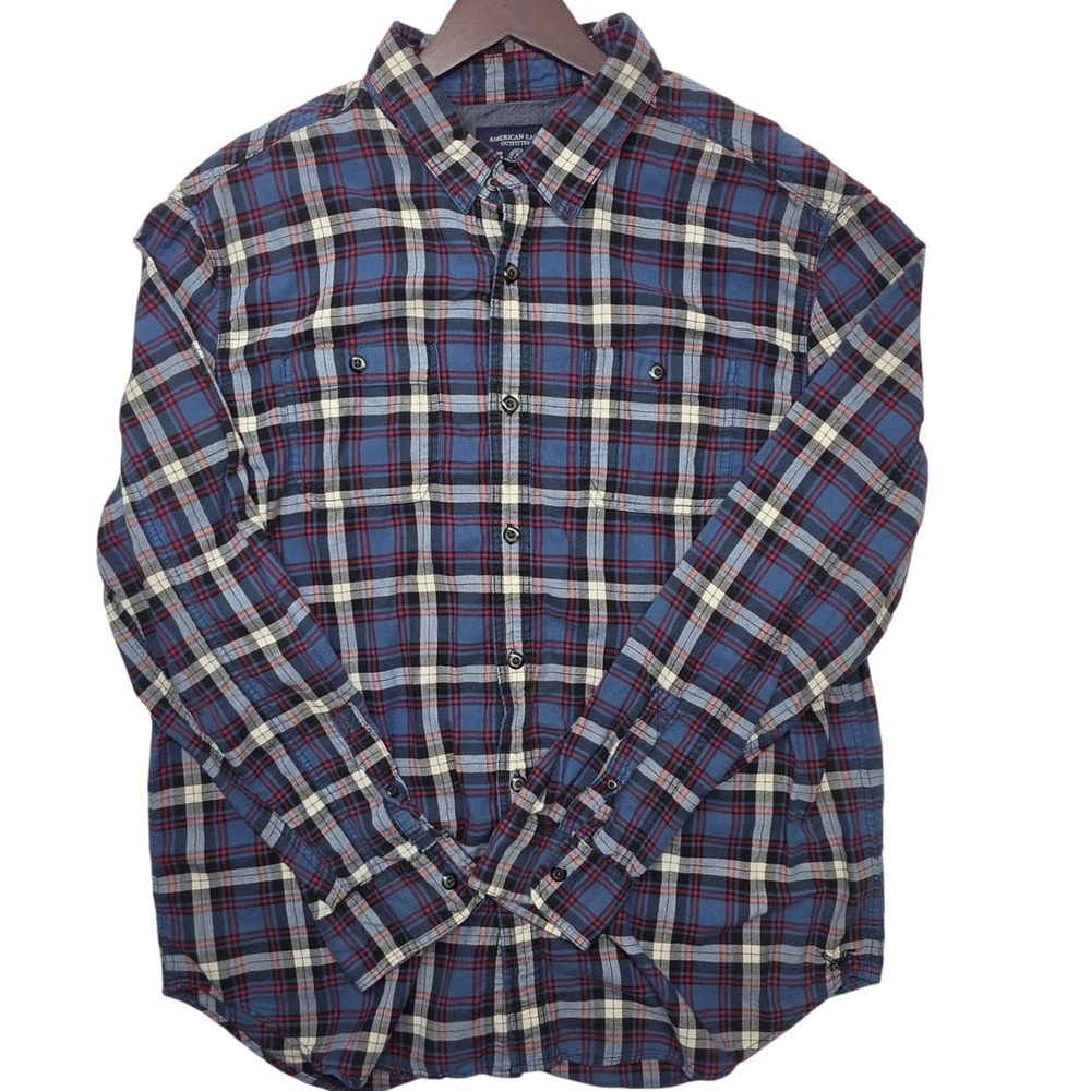 American Eagle Mens XXL Athletic Fit Plaid Flannel Button Down Shirt Blue Red